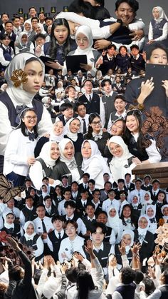 a collage of many people in white and black outfits, some with headscarves