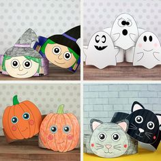 four different paper pumpkins with faces on them and one has a black cat in the middle