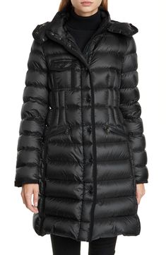 Free shipping and returns on Moncler Hermine Grosgrain Trim Quilted Down Puffer Coat at Nordstrom.com. Waist-nipping darts create flattering shape in a knee-length quilted puffer trimmed in signature tonal grosgrain to further accentuate the contoured silhouette. Ultra-lightweight, water-repellent nylon and premium down fill provide comfortable warmth without added bulk, while a detachable adjustable-toggle hood offers practical versatility. Down Puffer Coat, Down Coat, Faux Wrap Dress, Coat Fashion, Puffer Coat, Fur Trim, Vneck Sweater, Plus Size Dresses, Parka