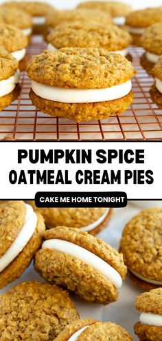 pumpkin spice oatmeal cream pies on a cooling rack with text overlay