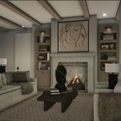 a living room filled with furniture and a fire place in front of a painting on the wall