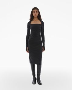 Helmut Lang Shrug Dress | WWW.HELMUTLANG.COM Versatile Fitted Midi Dress For Spring, Fitted Versatile Midi Dress For Spring, Versatile Long Sleeve Dresses For Fall, Versatile Long Sleeve Fall Dresses, Fall Night Out Midi Dress In Elastane, Versatile Midi Dress For Fall, Versatile Long Sleeve Fitted Dresses, Fitted Midi Dress With Straight Neckline For Fall, Shrug Dress