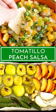 this is an image of a tray of food with the title overlay reading tomato, peach salsa