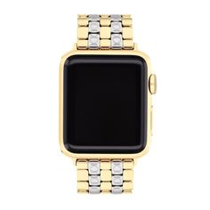 Add detail to your look with this ladies' Coach two-toned interchangeable band for Apple Watch®. Gold-toned ion-plated and stainless steel five-link design Coach signature etching on the silver-toned links Deployment clasp Compatible with any 38.0, 40.0, and 41.0mm Apple Watches We are an authorized Coach dealer. Apple Watch is a registered trademark of Apple, Inc. Modern Yellow Gold Rectangular Watch Bands, Modern Stainless Steel Apple Watch Band For Formal Occasions, Classic Gold Stainless Steel Apple Watch Band, Classic Gold Apple Watch Band With Polished Finish, Modern Polished Apple Watch Band For Formal Occasions, Modern Formal Apple Watch Band With Polished Finish, Modern Gold Apple Watch Band With Polished Finish, Classic Gold Polished Apple Watch Band, Luxury Yellow Gold Stainless Steel Watch Accessories