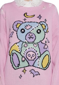 This sweater has a stretchy knit construction, an embroidered monster teddy on the front with button eyes, stitched detailing, a distressed design, and an oversized fit. Pastel Goth Sweater, Creepy Cute Fashion, Pastel Punk, Pastel Goth Outfits, Button Eyes, Pastel Fashion, Costume Store, Pride Outfit, Roblox Outfit