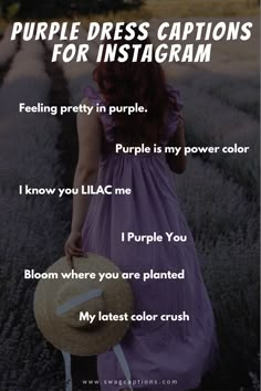 a woman wearing a purple dress and holding a straw hat with the words, purple dress captions for instagramm