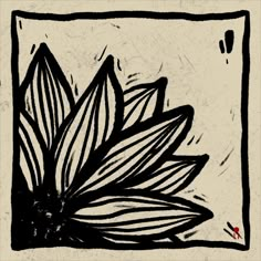 a black and white drawing of a flower in a square frame on a beige background