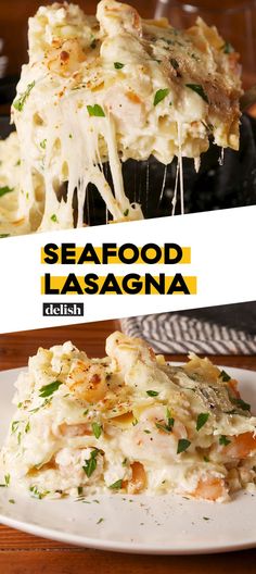 this seafood lasagna is loaded with cheese and vegetables