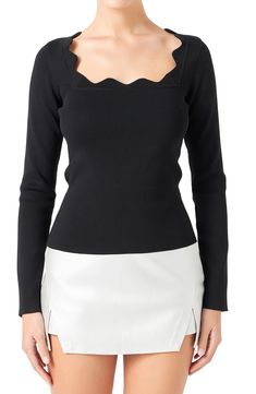 A lightweight staple sweater gets so much sweeter with a squared neckline edged in scalloped shaping. 70% rayon, 30% polyester Hand wash, dry flat Imported Fitted Long Sleeve Tops With Scalloped Edges, Elegant Long Sleeve Tops With Scalloped Edges, Elegant Winter Tops With Square Neck, Fitted Square Neck Sweater, Square Neck Sweater, Squared Neckline, Fabric Gift Bags, Nordstrom Store, Fabric Gifts