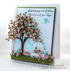 a handmade card with a tree and bench in the background that says, just having one of those thinking of your days