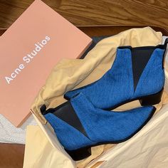 Lightly Used In Original Box With Separate Dust Bags For Each Boot! Comes With All The Tissue Paper Wrapping. Super Light Wear On Sole But Look Brand New. Really Comfortable!! Only Worn 2-3 Times. Purchased From Acne Studios Boutique. Size 40. Acne Shoes Women, Acne Jensen Boots, Acne Studios Clogs, Acne Studios Boots, Blue Acne Studios Scarf, Tissue Paper Wrapping, Studio Blue, Acne Studios, Blue Black