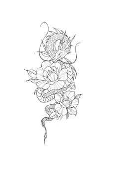 a drawing of a dragon with flowers on it's back and the tail curled up