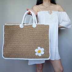 📌 Daisy Tote Bag, Personalized Beach Chamomile Tote Bag 📌 Looking for an extra personal touch? This bag can also be customized with the initial of your choice, making it a truly one-of-a-kind gift or accessory. Simply let us know which initial you would like to add in the personalization section, and we'll take care of the rest! 💡 45 cm x 35 cm x 18 cm (BAG) / 30 cm x 20 cm (PURSE) 💡 17.7" x 13.7" x 7" (BAG) / 11.8" x 7.8" (PURSE) 📌 Dimensions may differ by 1-2 cm depending on the color of White Handheld Beach Bag With Large Capacity, White Large Capacity Handheld Beach Bag, Large Capacity White Handheld Beach Bag, Rectangular White Crochet Bag For Vacation, White Handheld Beach Bag For Daily Use, Handheld White Beach Bag, White Handheld Crochet Bag For Travel, Large Capacity White Crochet Pouch Bag, Trendy Handmade White Beach Bag