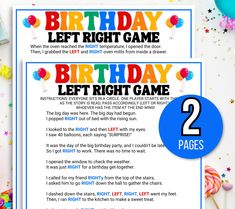 two birthday games for kids with balloons and confetti on the table next to them