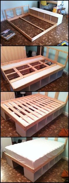 three pictures showing different stages of making a bed frame with drawers on each side and bottom