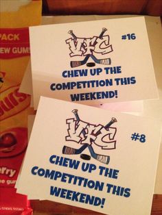 two cards with the words chew up the competition this weekend written in blue on them