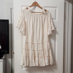 Size Medium Cream/Beige Brand New With Tag Perfect For Cover Up For Beach Or Cute Vaction Look Casual Boho Ruffle Dress For Vacation, Casual Boho Ruffled Dress For Vacation, Casual Boho Dress With Ruffles For Vacation, Casual Boho Dress With Ruffles For Day Out, Casual Boho Dress With Ruffles For Brunch, Beige Boho Dress With Short Sleeves For Vacation, Green Polka Dot Dress, Scarlett Dresses, Embroidered Tunic Dress