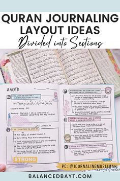 an open book with arabic writing on it and the words, quran journaling layout ideas