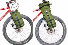 two views of the front and rear wheels of a bicycle with a bag on it