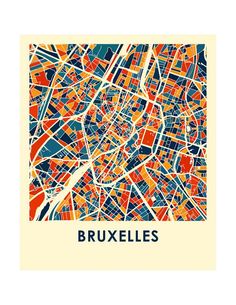 a map of bruxelles in orange, blue and yellow with the words brux