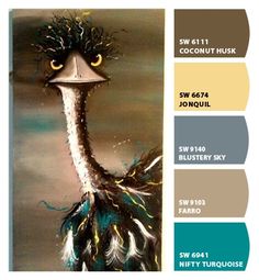 an ostrich is featured in the color palettes for this painting, and it looks