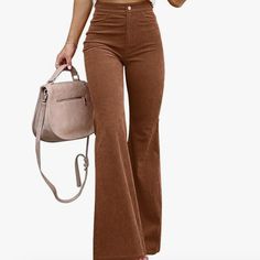 -Classic 70s Look: Flared, Autumn Brown Corduroy -High-Waisted -Zip Fly With Single Silver Button Tan Corduroy Pants, High Waisted Flare Pants, 70s Look, Brown Jeans, High Waisted Flares, Brown Corduroy, Corduroy Pants, Flare Pants, Pant Jumpsuit