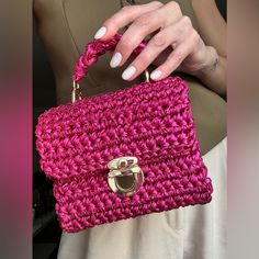 Unique Handmade Bag. Made Of Colton Yarn Died With Natural Vegan Color. Sustainable. Luxury Square Straw Bag, Chic Pink Crochet Bag With Adjustable Strap, Luxury Handmade Summer Bags, Elegant Crossbody Straw Bag With Top Carry Handle, Elegant Crossbody Straw Bag With Top Handle, Elegant Straw Crossbody Bag With Top Handle, Luxury Handmade Straw Bag, Elegant Pink Crochet Bag For Everyday Use, Chic Handmade Straw Bag With Top Handle