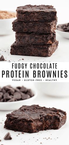 chocolate protein brownies stacked on top of each other with text overlay that reads fudge chocolate protein brownies