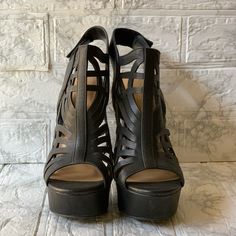 Pattern: Strappy Material :Faux Leather Brand New Never Been Worn. Black Faux Leather Wedge Heels, Black Faux Leather Sandals With Stacked Heel, Black Faux Leather Heels For Spring, Black Faux Leather Spring Heels, Shoes Color, Faux Leather, Women Shoes, Brand New, Leather