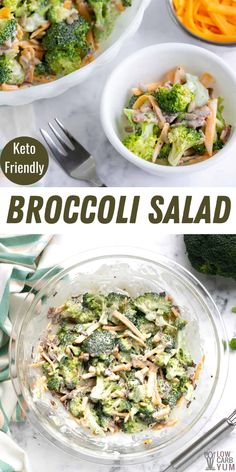 broccoli salad with carrots and parmesan cheese in a glass bowl