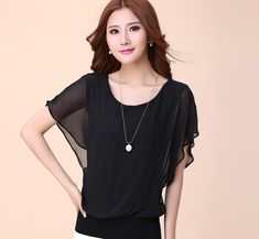 This chiffon blouse made with a polyester blend and featuring an o-neck and batwing sleeves is simple chic. This is perfect for office to evening; pair with a pendant necklace to complete your look. Comes in 5 fab colors. Summer Chiffon Blouse, Ladies Chiffon Shirts, Chiffon Shirt Blouse, Women Chiffon Blouse, Chiffon Tops Blouses, Chiffon Blouses, Loose Top, Loose Fitting Tops, Chiffon Shirt