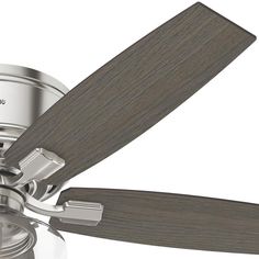 a ceiling fan with two wooden blades