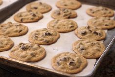 chocolate chip cookies on a baking sheet ready to be baked in the oven for consumption