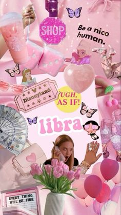 a collage of images with pink flowers, balloons and other items in the background