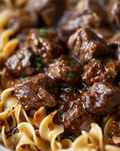 beef and noodles with sauce in a white bowl