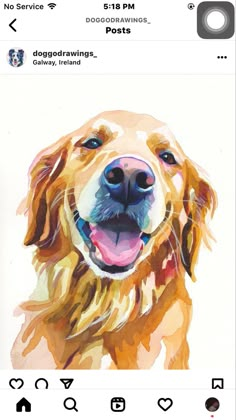 a watercolor painting of a golden retriever dog with his tongue out and eyes wide open