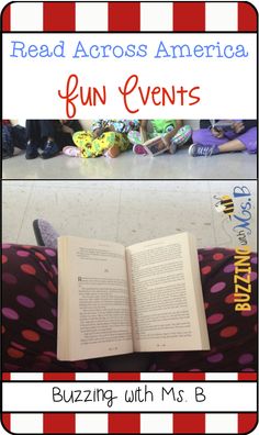 an open book with the title reading across america fun events buzzing with ms b