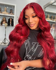 Lace Front Wig Virgin Human Hair Red Color Medium Cap 22.5" 150%Density 24" Hair Length Red Lace Front Wigs Black Women, Colored Human Hair Wigs, Natural Curly Wig, Dark Red Hair Color, Red Weave, Hair Colorful, Red Wig, Red Wigs, Colored Wigs