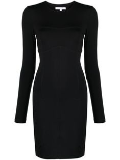 jet black stretch-jersey rubberised logo detail exposed decorative stitching round neck long sleeves fitted waistline thigh-length Decorative Stitching, Black Stretch, Cocktail Dress Party, Jet Black, Fitted Dress, Dress Black, Colorful Dresses, Fashion Branding, Party Dress