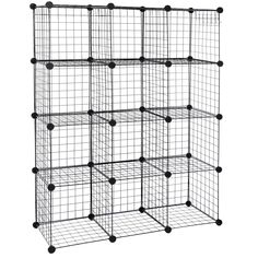 the wire shelving unit has six shelves and four bins, each with different compartments