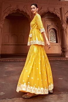 Shop for PREEVIN Yellow Cotton Mulmul Thread Work Short Angarkha Sharara Set for Women Online at Aza Fashions Embroidered Sharara, Mirror Embroidery, Work Shorts, Sharara Set, Net Dupatta, Thread Work, Set For Women, Three Quarter Sleeves, Quarter Sleeve