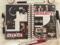 an open notebook with photos and writing on the pages next to scissors, pencils and markers