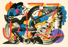 an abstract drawing of a man playing the guitar and another person sitting on a motorcycle