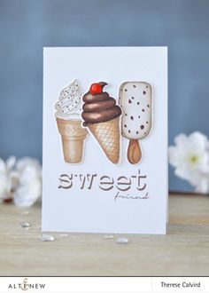 an ice cream card with the words sweet friends on it and two scoops of ice cream