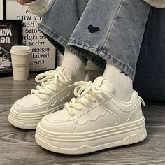 Platform Lace-Up Sneakers Size 35 36 37 38 39 40 Heel Height 1-3 1-3 1-3 1-3 1-3 1-3 measurement is cm.Product Information Material: Upper: PUOutsole: Rubber Color: Off-White Cute Footwear, Skateboard Vintage, Women Platform Sneakers, Autumn Pattern, Vintage School, Clogs Shoes, Platform Sneakers, White Casual, Heel Shoes