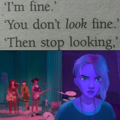 two women standing in front of a sign that says, i'm fine you don't look fine then stop looking