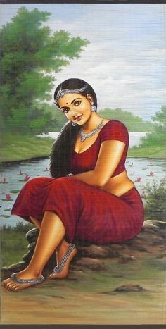 a painting of a woman sitting on the ground