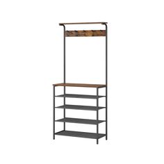 an iron and wood shelf with three shelves