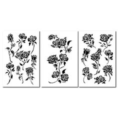 three black and white wall art pieces with roses on the left, one is in front of