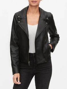 Faux Leather Moto Jacket | Gap Factory Faux Leather Jacket With Asymmetrical Zip For Fall, Casual Fall Biker Jacket With Faux Front Pockets, Trendy Leather Jacket With Asymmetrical Zip For Fall, Fall Faux Leather Jacket With Asymmetrical Zip, Trendy Asymmetrical Leather Jacket For Fall, Moto Faux Leather Outerwear With Zipper Closure, Black Outerwear With Metal Zipper For Fall, Faux Leather Biker Jacket For Work In Fall, Moto Outerwear With Zipper Closure In Faux Leather